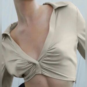 Zara Ruched Long Sleeve Crop Top Beige/Tan Size L